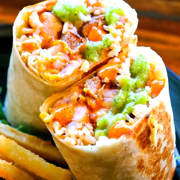 Two halves of a Westchester Taco Grill burrito, filled with meat, rice, and green and orange sauces.