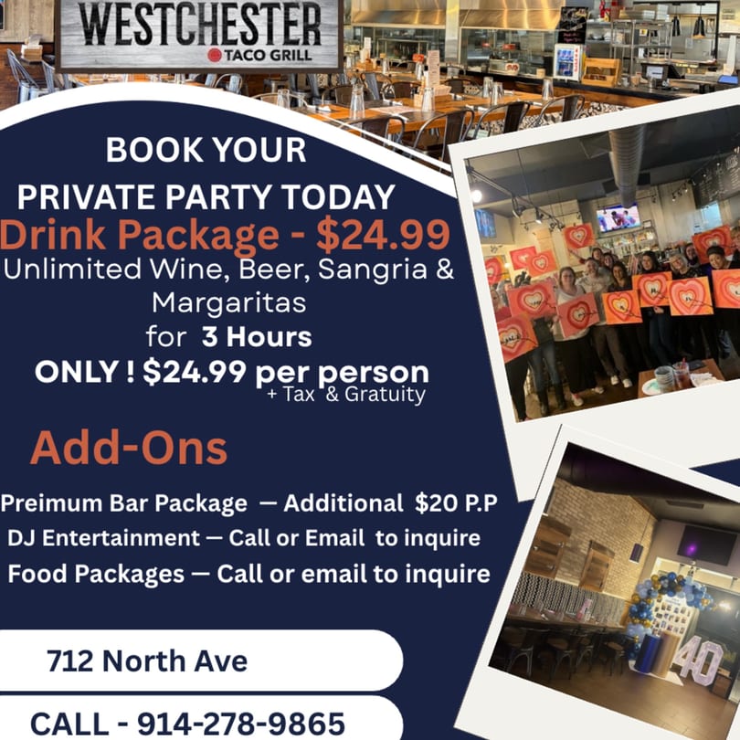 Westchester Taco Grill interior with dining tables, an open kitchen, and party photos.