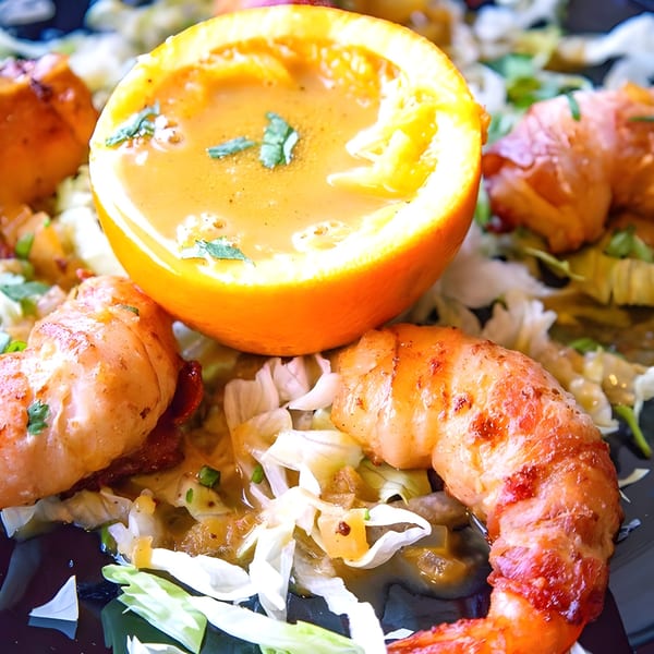 Grilled shrimp and shredded lettuce with a halved orange filled with sauce, a Westchester Taco Grill dish.